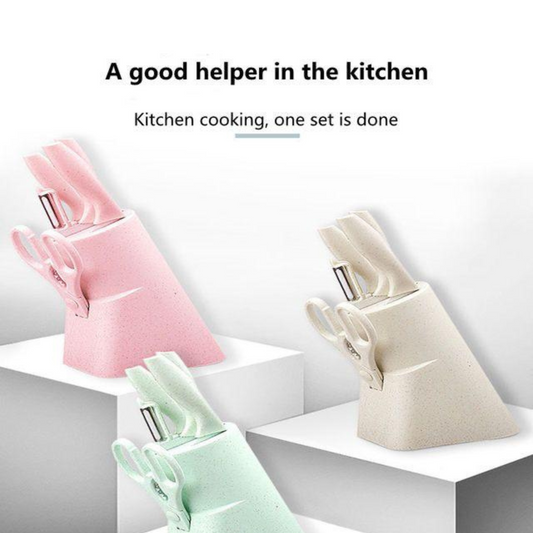 Pink Kitchen Knife Set with Block – 6-Piece Cutlery Set with Scissors & Peeler