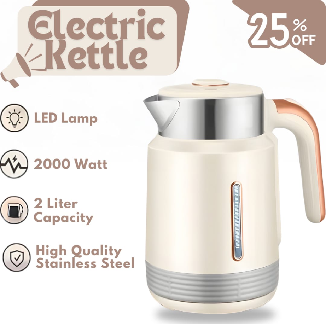 RAF Electric Kettle 2 Liter 2000W | Stainless Steel Body | LED Lamp | Auto Shut-Off & Boil Dry Protection | 360° Rotating Base | Quick Water Boiler for Tea Milk Noodles | Original With 1-Year Warranty | Black and White Colors | Fast Heating Kettle