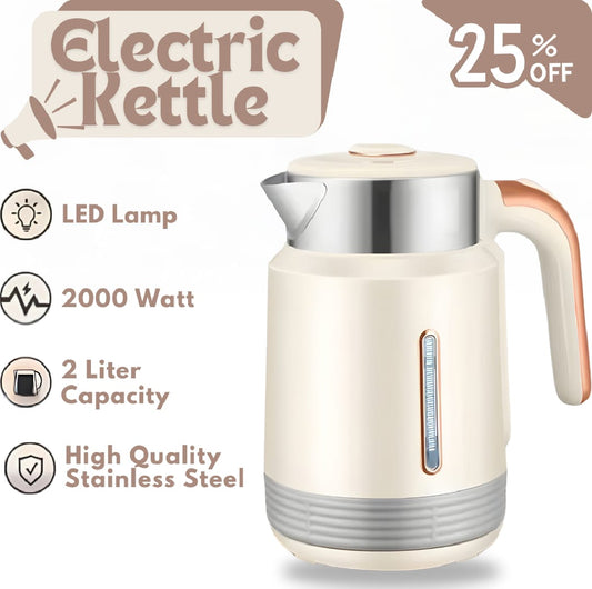 RAF Electric Kettle 2 Liter 2000W | Stainless Steel Body | LED Lamp | Auto Shut-Off & Boil Dry Protection | 360° Rotating Base | Quick Water Boiler for Tea Milk Noodles | Original With 1-Year Warranty | Black and White Colors | Fast Heating Kettle