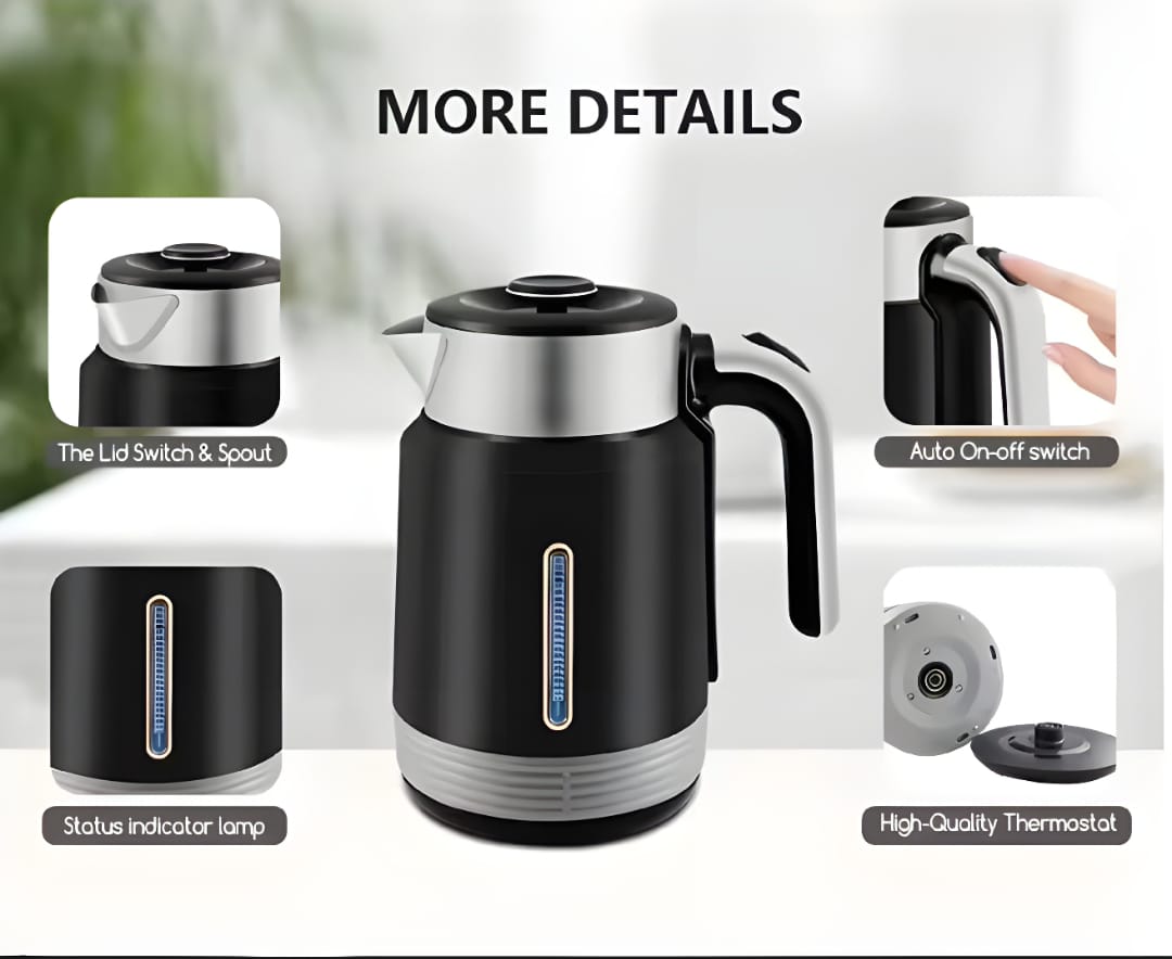 RAF Electric Kettle 2 Liter 2000W | Stainless Steel Body | LED Lamp | Auto Shut-Off & Boil Dry Protection | 360° Rotating Base | Quick Water Boiler for Tea Milk Noodles | Original With 1-Year Warranty | Black and White Colors | Fast Heating Kettle